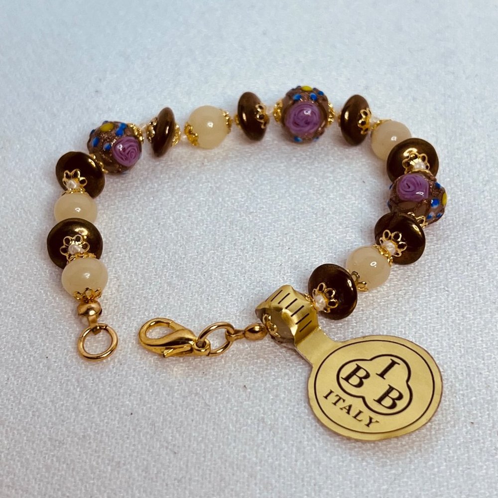 IBB Italy Gold Tone, Pink, Purple And White Hand Made Venetian Glass Bracelet